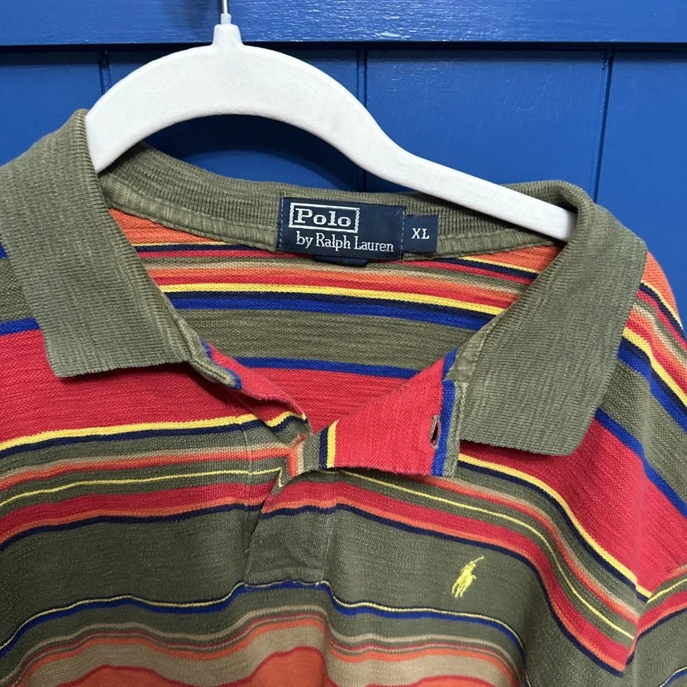 Polo Ralph Lauren Mens L Striped Polo Green Orange Red Yellow Pony 90s‎ Urkel